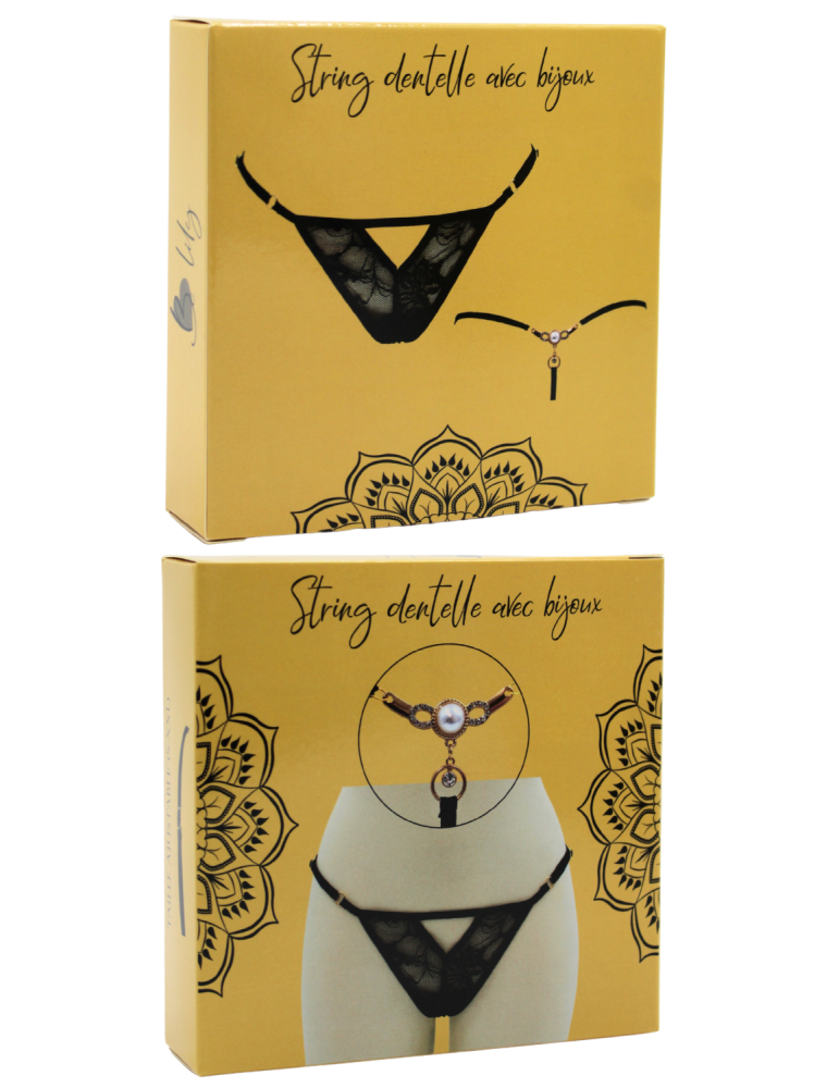 String noir avec bijou perle  strass dorés - PA06MBLK