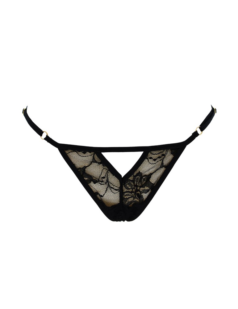 String noir avec bijou perle  strass dorés - PA06MBLK