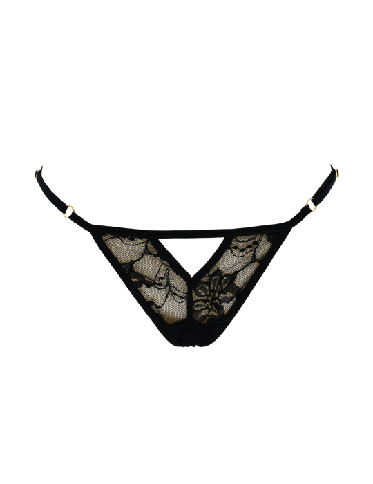 String noir avec bijou perle  strass dorés - PA06MBLK