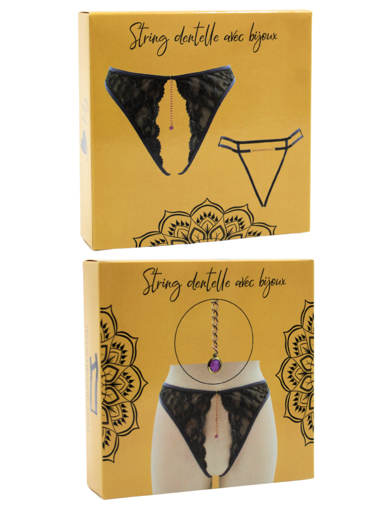 String gris avec bijou couleur aléatoire et chaîne dorée - PA05MGREY