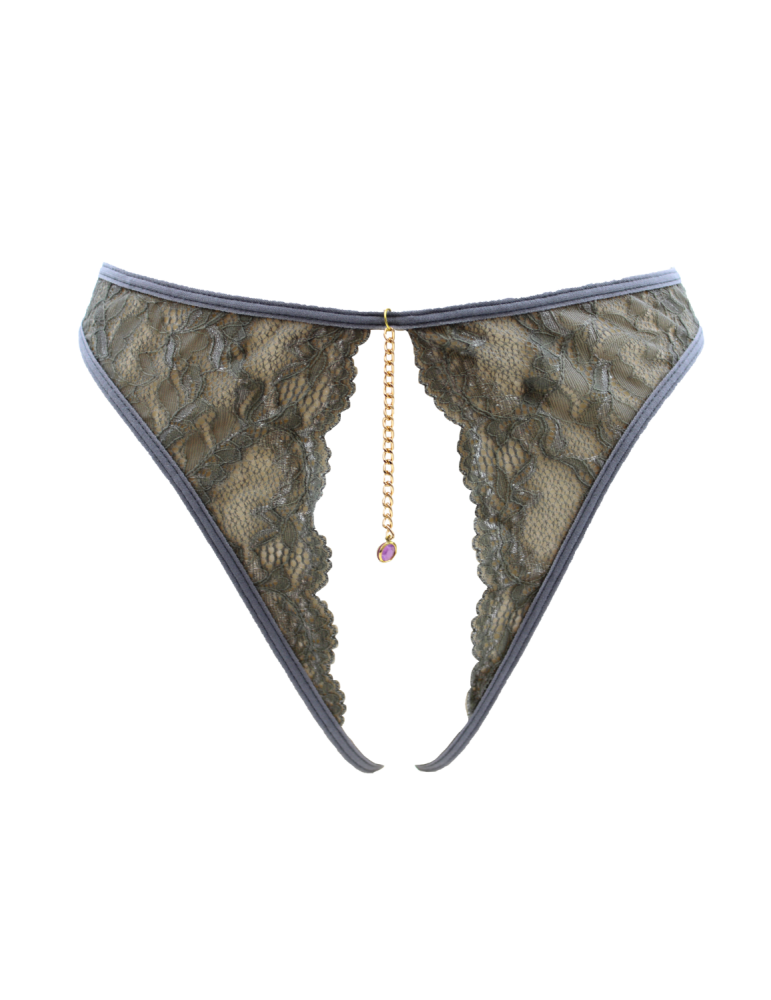 String gris avec bijou couleur aléatoire et chaîne dorée - PA05MGREY