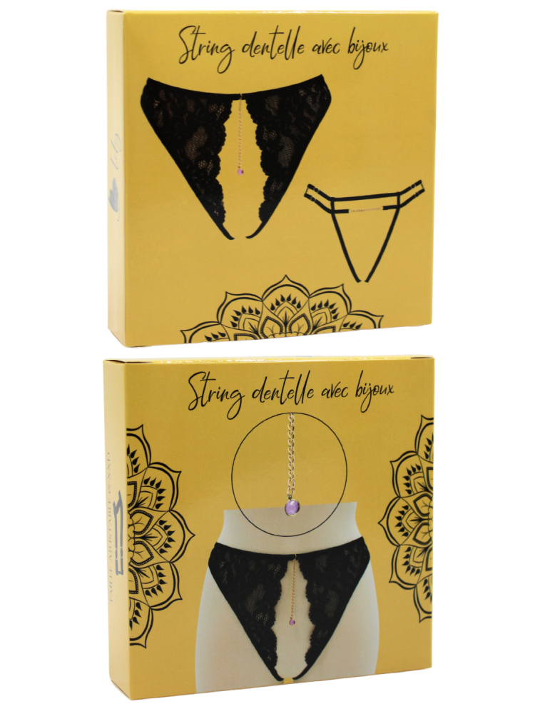 String noir avec bijou couleur aléatoire et chaîne dorée - PA05MBLK