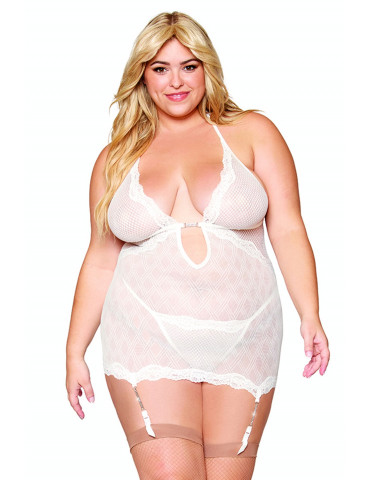 Guépière porte jarretelles blanche grande taille avec strass et string inclus - DG13313XWHT