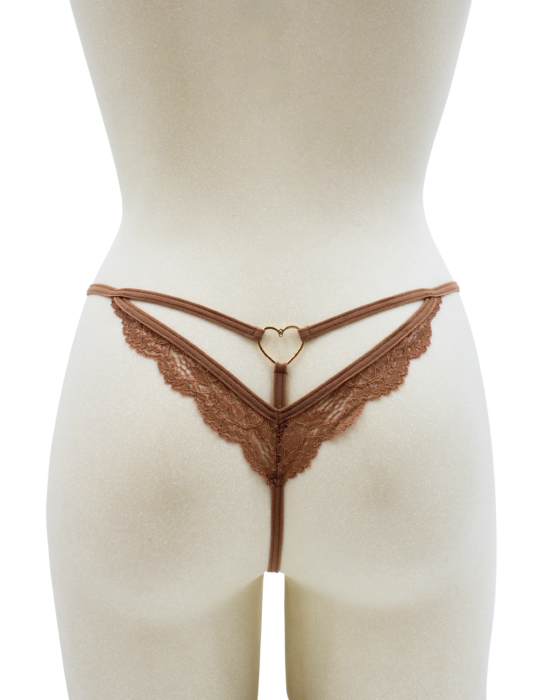 String taupe en dentelle avec bijou cœur doré - PA02MBRW
