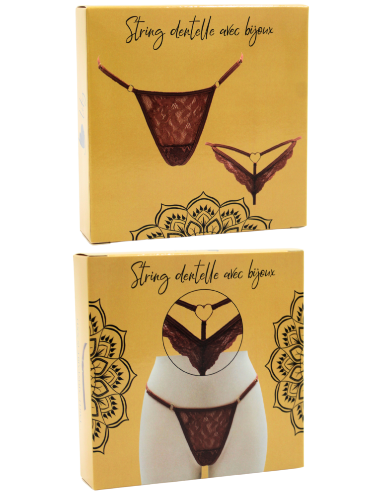 String taupe en dentelle avec bijou cœur doré - PA02MBRW