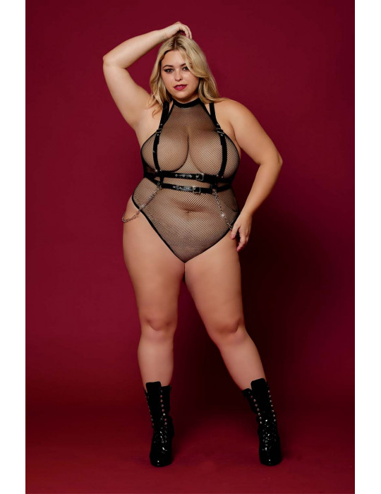 Body en résille, grande taille, avec Harnais simili cuir et chaines - DG13291XBLK