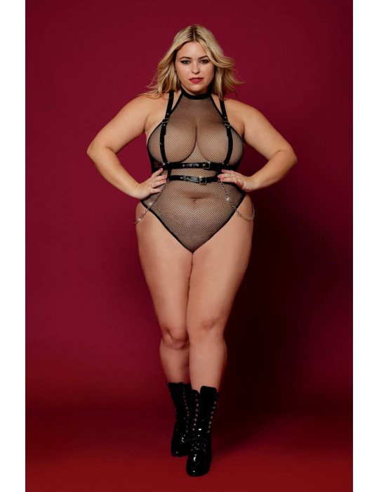 Body en résille, grande taille, avec Harnais simili cuir et chaines - DG13291XBLK