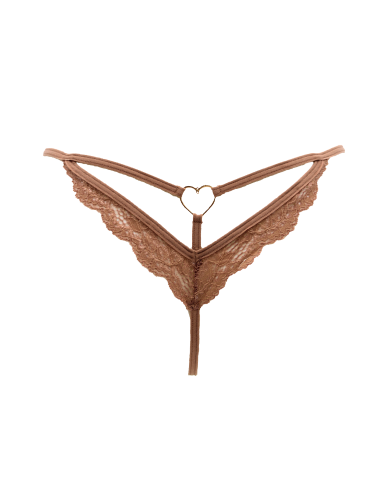 String taupe en dentelle avec bijou cœur doré - PA02MBRW