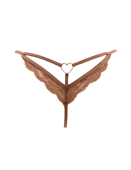 String taupe en dentelle avec bijou cœur doré - PA02MBRW