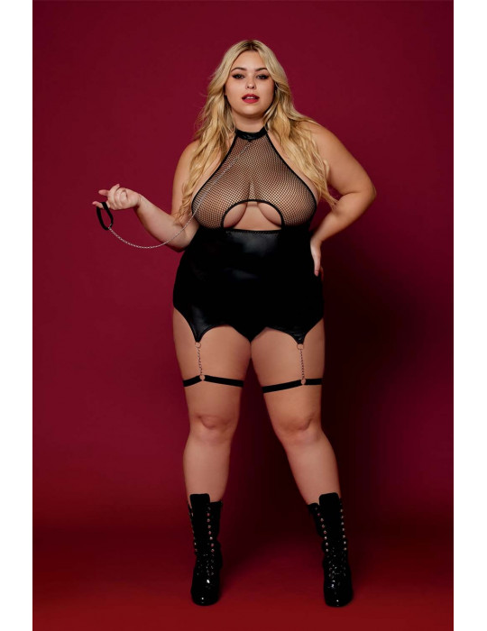 Body BDSM noir, grande taille, en maille avec corset / porte-jarretelles, simili cuir, intégré - DG13295XBLK