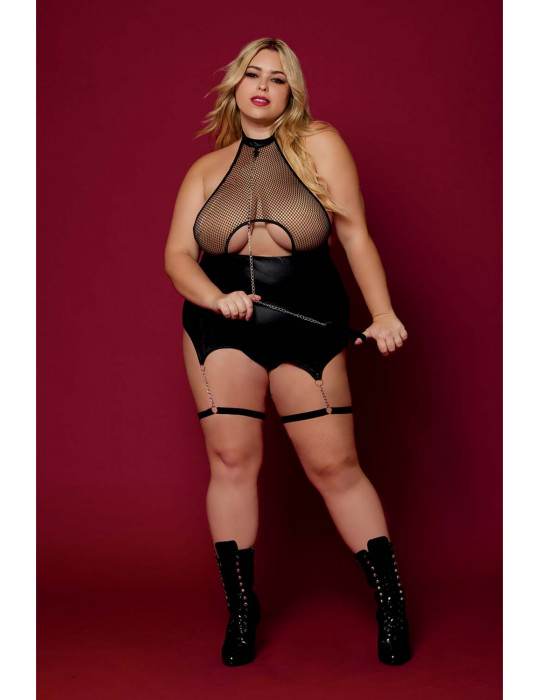 Body BDSM noir, grande taille, en maille avec corset / porte-jarretelles, simili cuir, intégré - DG13295XBLK