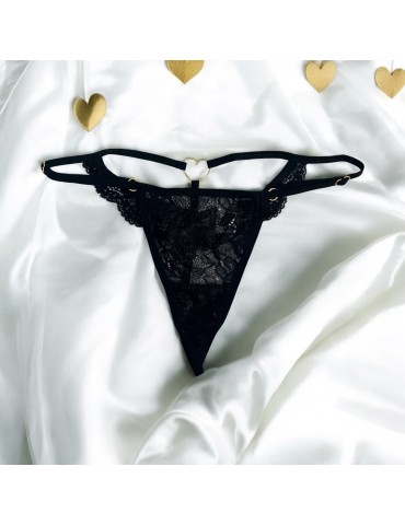 String noir en dentelle avec bijou cœur doré - PA02MBLK