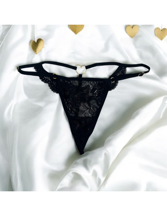 String noir en dentelle avec bijou cœur doré - PA02MBLK String noir en dentelle avec bijou cœur doré - PA02MBLK