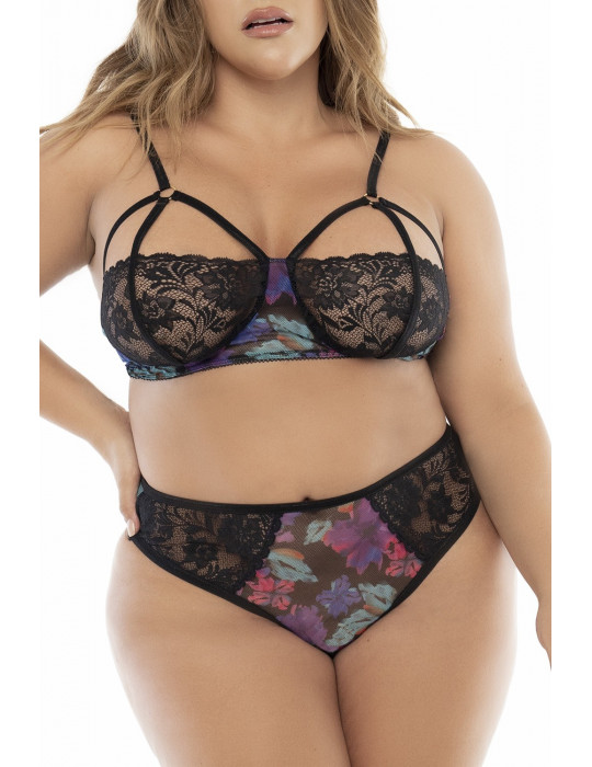 Deux-en-un, nuisette et ensemble trois pièces noir, grande taille, tissu fleur exotique - MAL7496XBLK