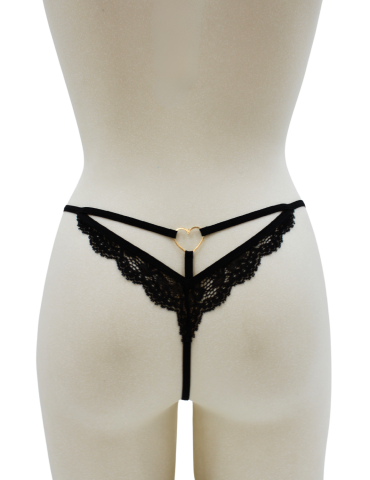 String noir en dentelle avec bijou cœur doré - PA02MBLK 2