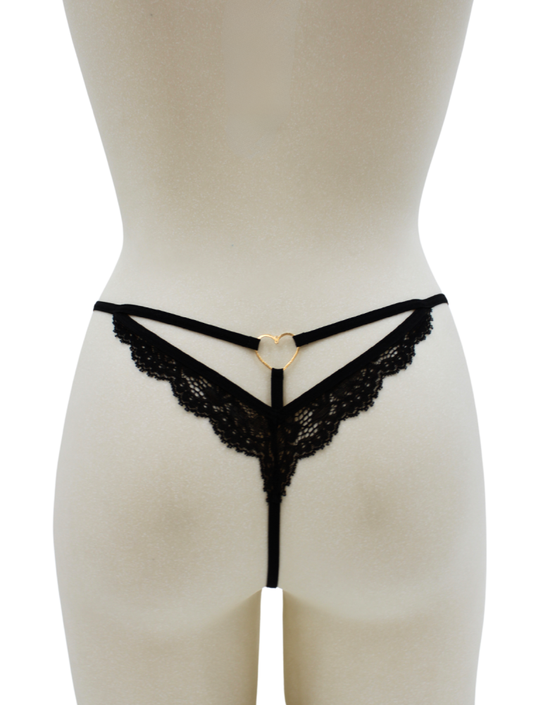 String noir en dentelle avec bijou cœur doré - PA02MBLK