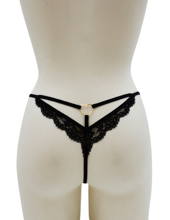 String noir en dentelle avec bijou cœur doré - PA02MBLK