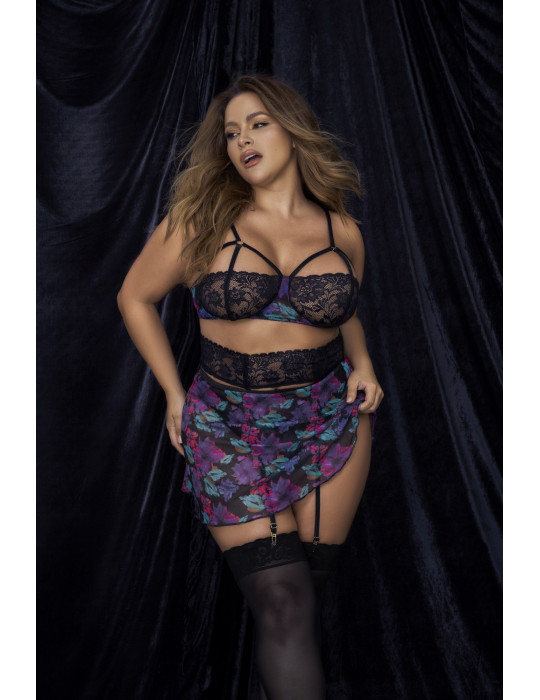 Deux-en-un, nuisette et ensemble trois pièces noir, grande taille, tissu fleur exotique - MAL7496XBLK