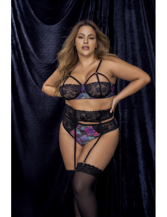 Deux-en-un, nuisette et ensemble trois pièces noir, grande taille, tissu fleur exotique - MAL7496XBLK