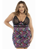 Nuisette résille et dentelle Noire, grande taille, imprimé fleur exotique - MAL7497XPRT Nuisette résille et dentelle Noire, grande taille, imprimé fleur exotique - MAL7497XPRT