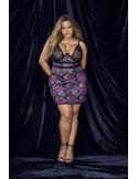 Nuisette résille et dentelle Noire, grande taille, imprimé fleur exotique - MAL7497XPRT Nuisette résille et dentelle Noire, grande taille, imprimé fleur exotique - MAL7497XPRT
