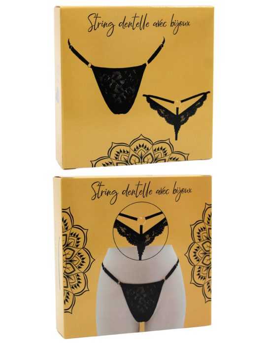 String noir en dentelle avec bijou cœur doré - PA02MBLK