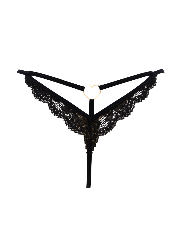String noir en dentelle avec bijou cœur doré - PA02MBLK