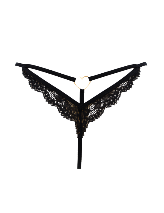 String noir en dentelle avec bijou cœur doré - PA02MBLK