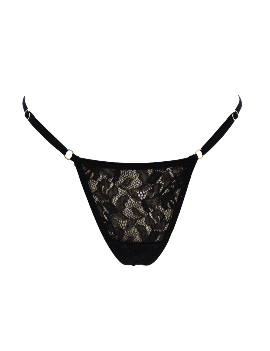 String noir en dentelle avec bijou cœur doré - PA02MBLK