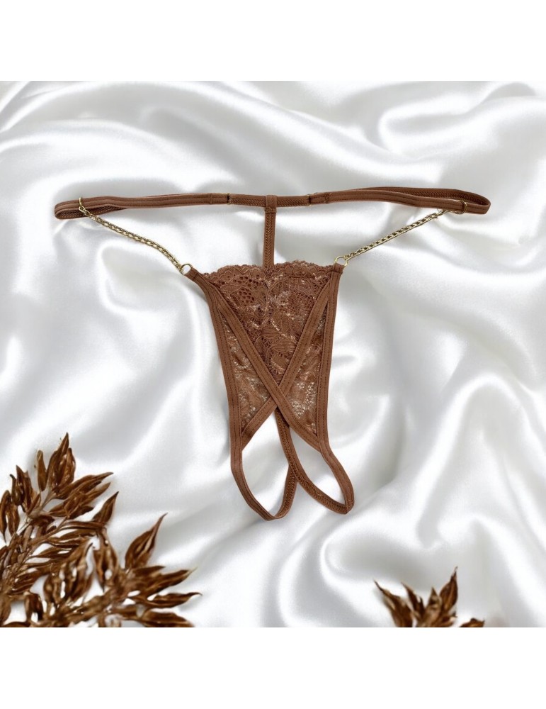 String en dentelle taupe ouvert avec chaînes dorées - PA01MTAUPE String en dentelle taupe ouvert avec chaînes dorées - PA01MTAUPE