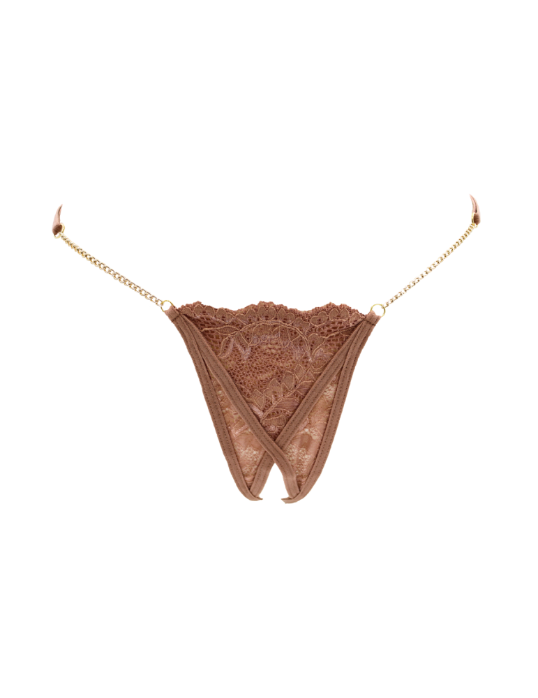 String en dentelle taupe ouvert avec chaînes dorées - PA01MTAUPE