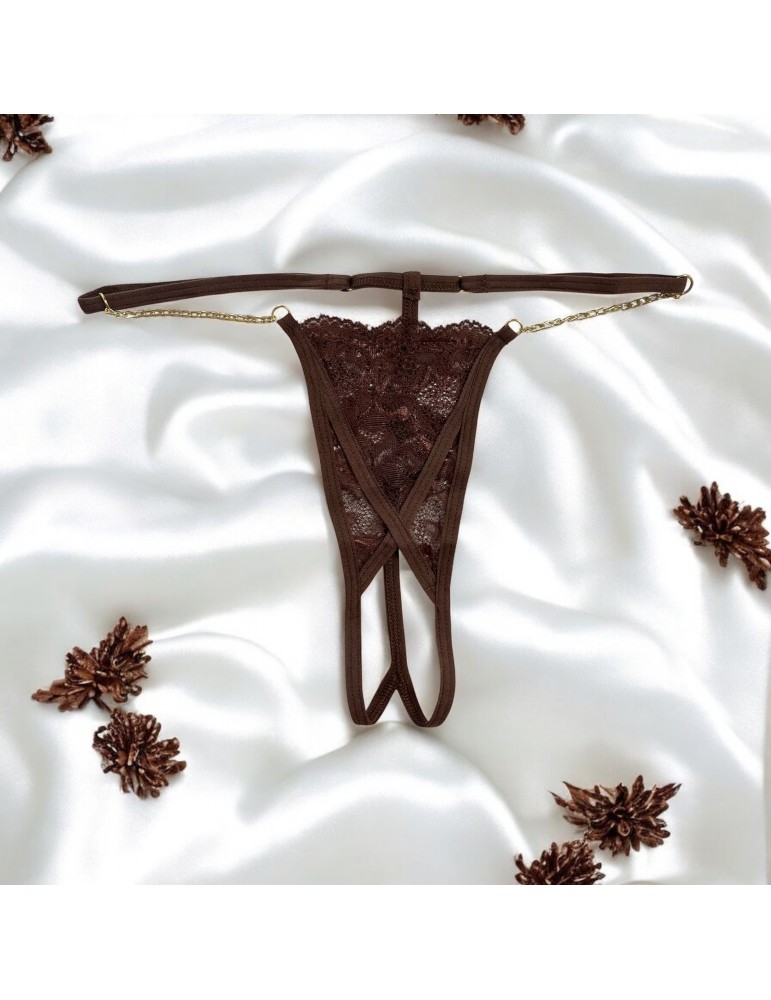 String en dentelle marron ouvert avec chaînes dorées - PA01MBRW String en dentelle marron ouvert avec chaînes dorées - PA01MBRW