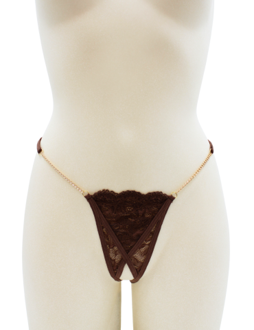 String en dentelle marron ouvert avec chaînes dorées - PA01MBRW 2