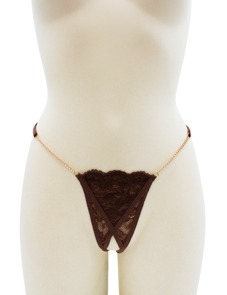 String en dentelle marron ouvert avec chaînes dorées - PA01MBRW