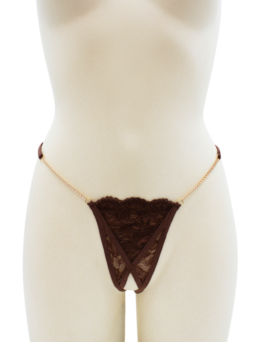 String en dentelle marron ouvert avec chaînes dorées - PA01MBRW