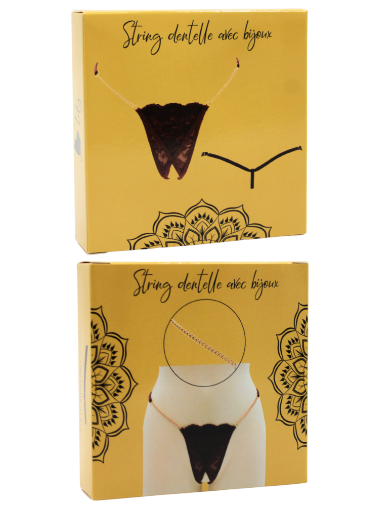 String en dentelle marron ouvert avec chaînes dorées - PA01MBRW