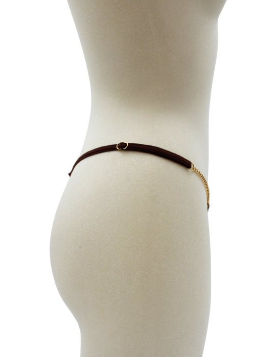 String en dentelle marron ouvert avec chaînes dorées - PA01MBRW