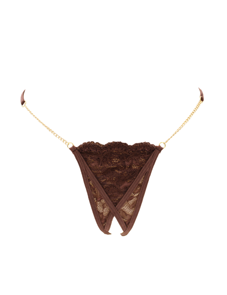 String en dentelle marron ouvert avec chaînes dorées - PA01MBRW