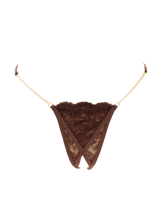 String en dentelle marron ouvert avec chaînes dorées - PA01MBRW