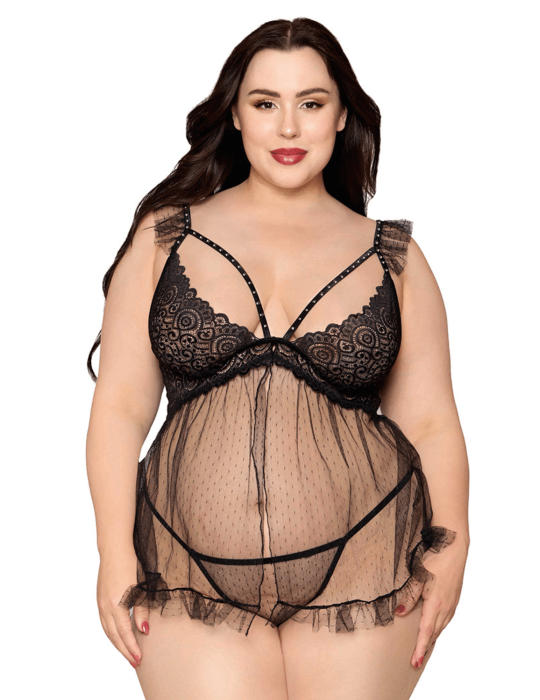 Babydoll grande taille noir et string assorti - DG13694XBLK Babydoll grande taille noir et string assorti - DG13694XBLK
