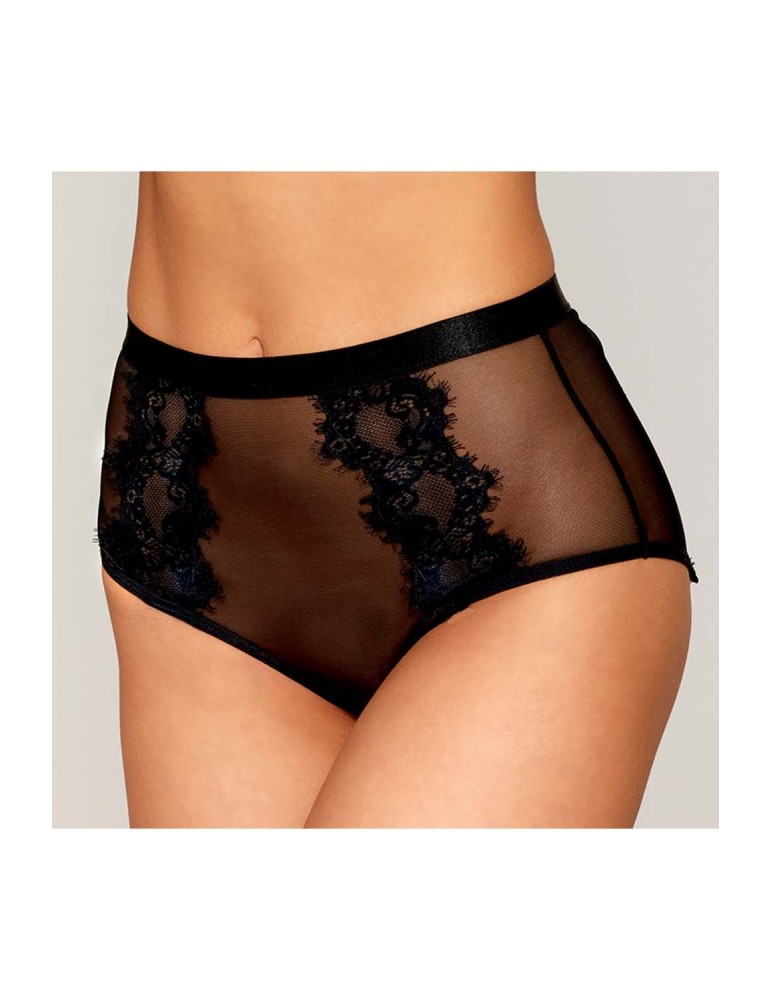 Culotte en résille et dentelle noire avec jarretelles roses - DG1485BLK