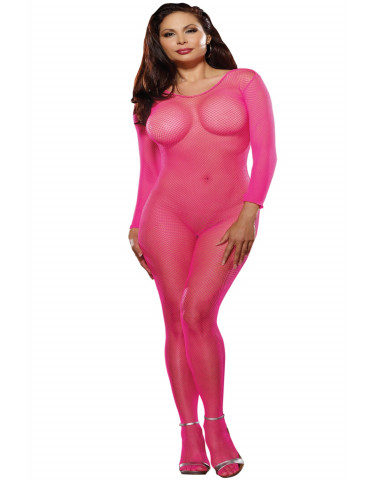 Bodystocking rose fluo résille grande taille ouvert à l'entre-jambes - DG0015XHPK