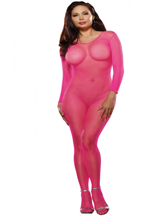 Bodystocking rose fluo résille grande taille ouvert à l'entre-jambes - DG0015XHPK