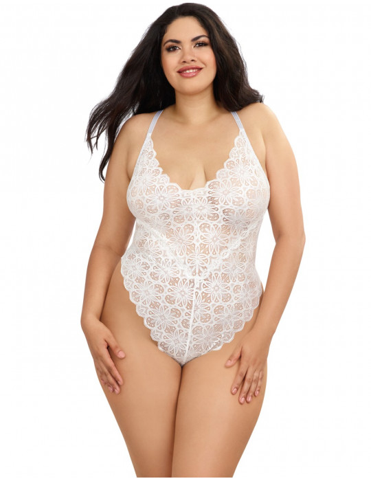 Body string grande taille blanc échancré dentelle avec jupe de maille transparente amovible - DG10996XWHT