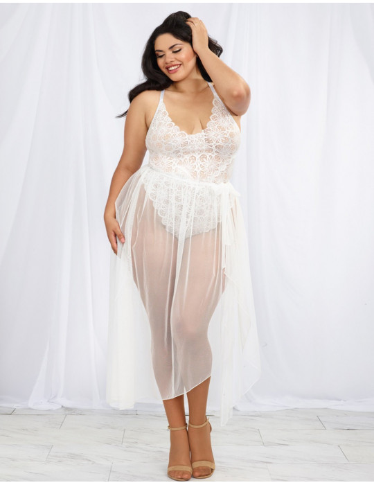 Body string grande taille blanc échancré dentelle avec jupe de maille transparente amovible - DG10996XWHT