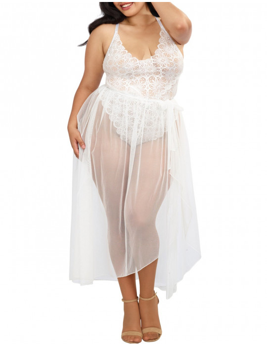 Body string grande taille blanc échancré dentelle avec jupe de maille transparente amovible - DG10996XWHT