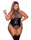 Body grande taille large résille et porte jarretelle simili cuir avec chainettes - DG12495XBLK Body grande taille large résille et porte jarretelle simili cuir avec chainettes - DG12495XBLK