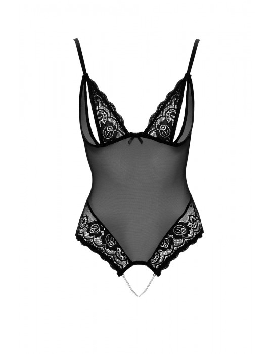 Body string en dentelle et résille noire avec perles à l'entrejambe - R2642425