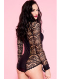 Body noir dentelle à manches longues empiècements devant derrière wetlook - ML80037BLK Body noir dentelle à manches longues empiècements devant derrière wetlook - ML80037BLK