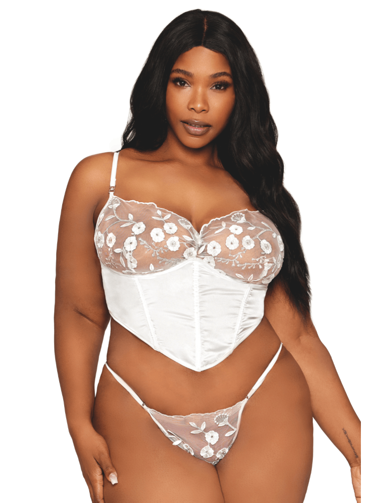 Bustier blanc avec armatures grande taille, en satin et dentelle florale - DG13262XWHT Bustier blanc avec armatures grande taille, en satin et dentelle florale - DG13262XWHT
